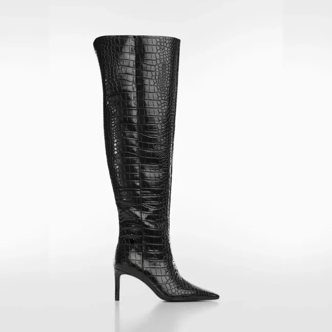 long-shoes-1-2 Black Croc-Effect Based Stiletto Boots